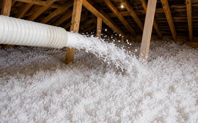 White insulation pouring from a blowing hose onto an attic floor under the rafters