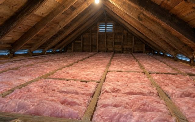 Pink fiberglass batts laid between joists across a wide, lit attic