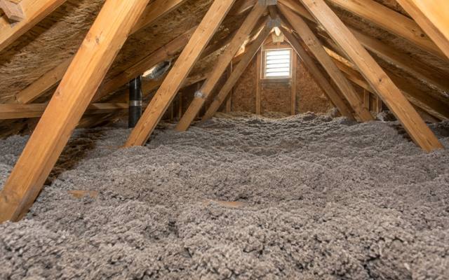 Old, thin cellulose insulation lying on an attic floor under bare roof framing